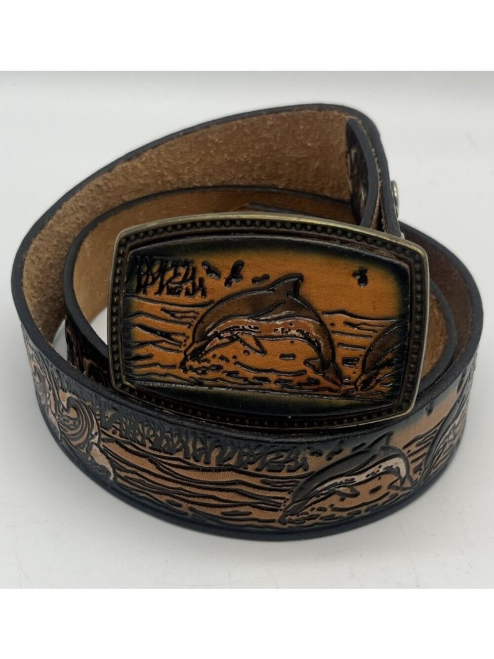 Western Hand Tooled Leather Belt Embossed Dolphin Ocean 1 1/2" x 40" w/ Buckle
